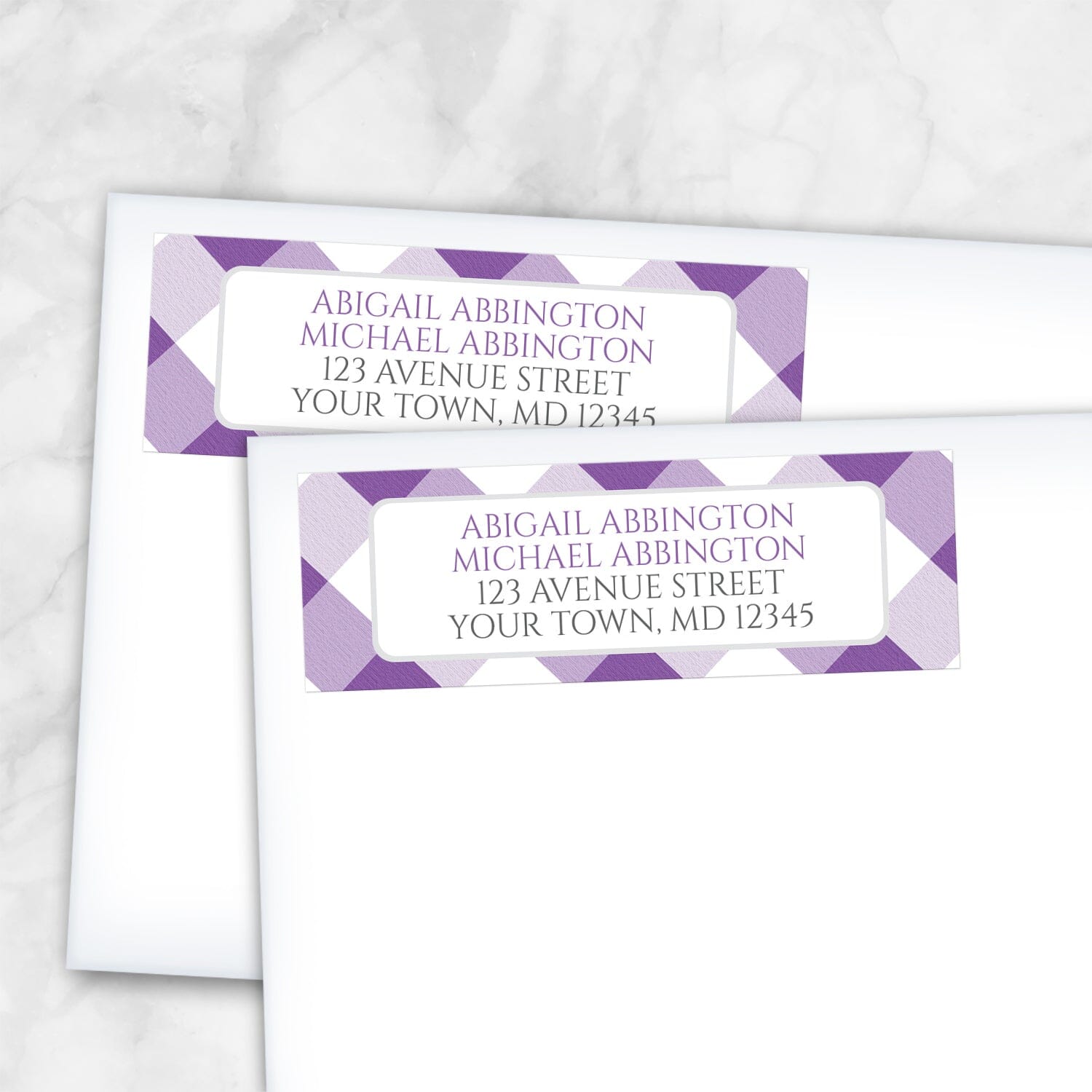 2 Purple Gingham Address Labels shown on white envelopes on a marble surface