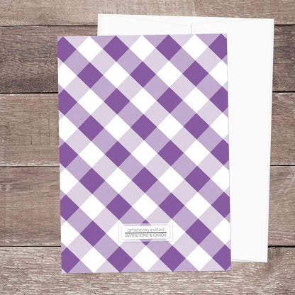 Back side of the purple gingham bridal shower invitations when the printed invitation upgrade is purchased