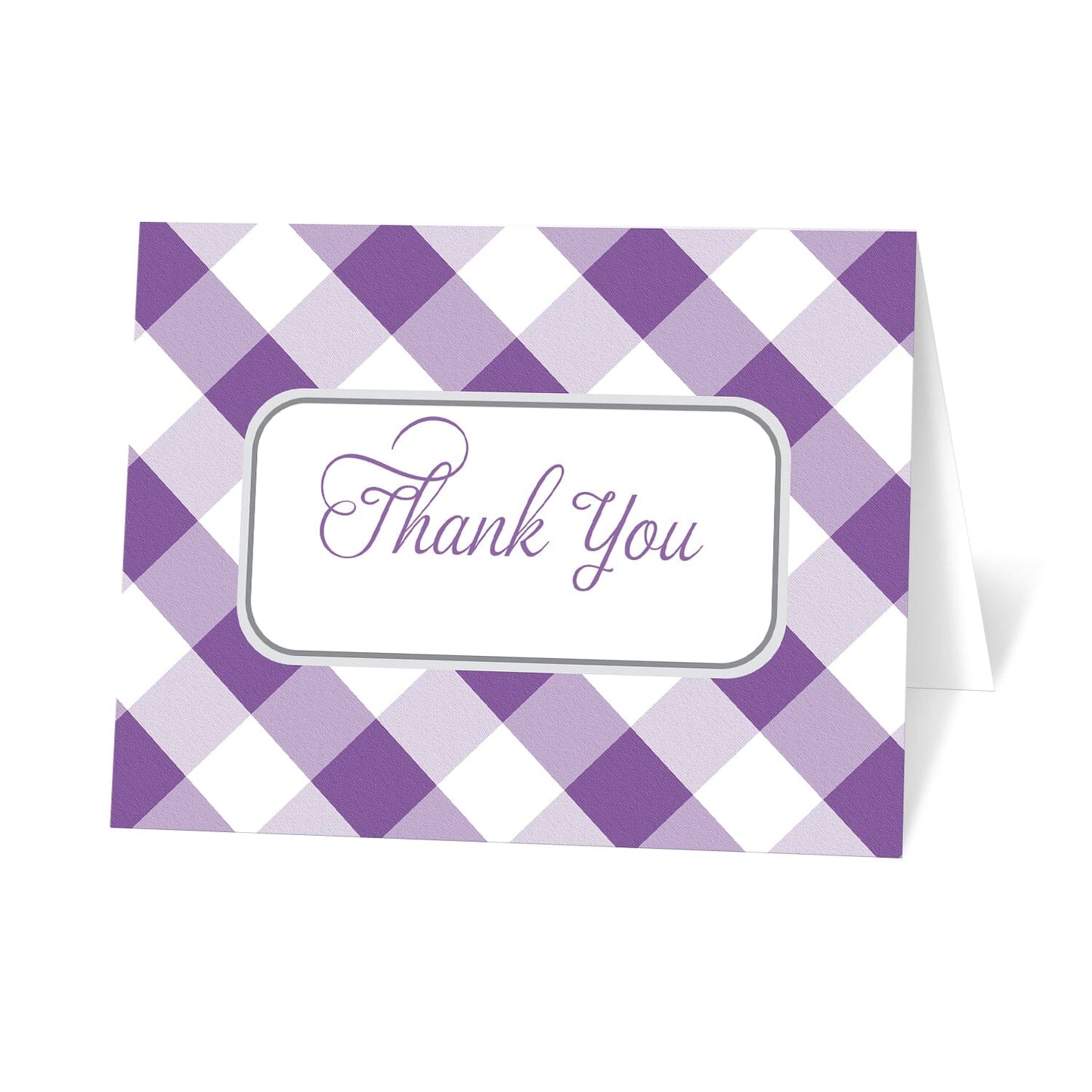 Purple Gingham Thank You Cards with a purple and white checkered pattern with 'Thank You' text on a white background in the center.