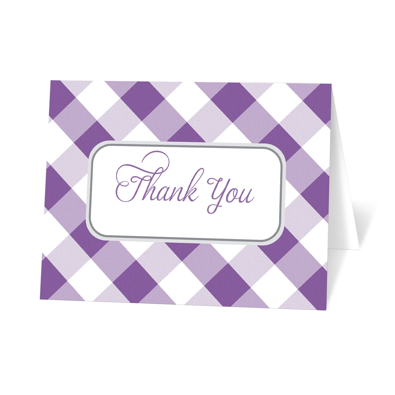 Purple Gingham Thank You Cards with a purple and white checkered pattern with 'Thank You' text on a white background in the center.