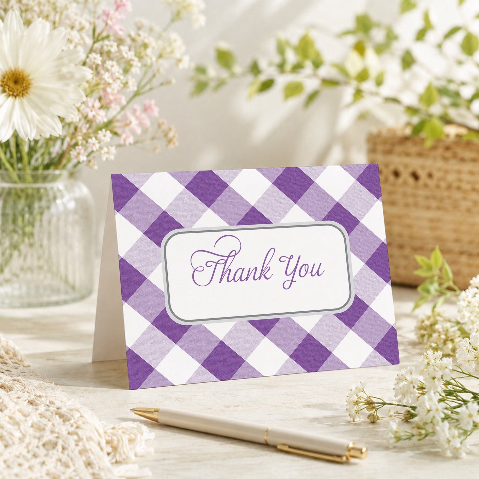Purple Gingham Thank You Card shown on a tabletop with a vase, spring and summer flowers, and a pen.