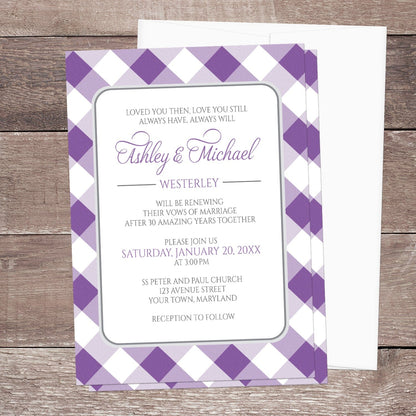 Purple Gingham Vow Renewal Invitation shown on a brown wood surface with a white envelope.