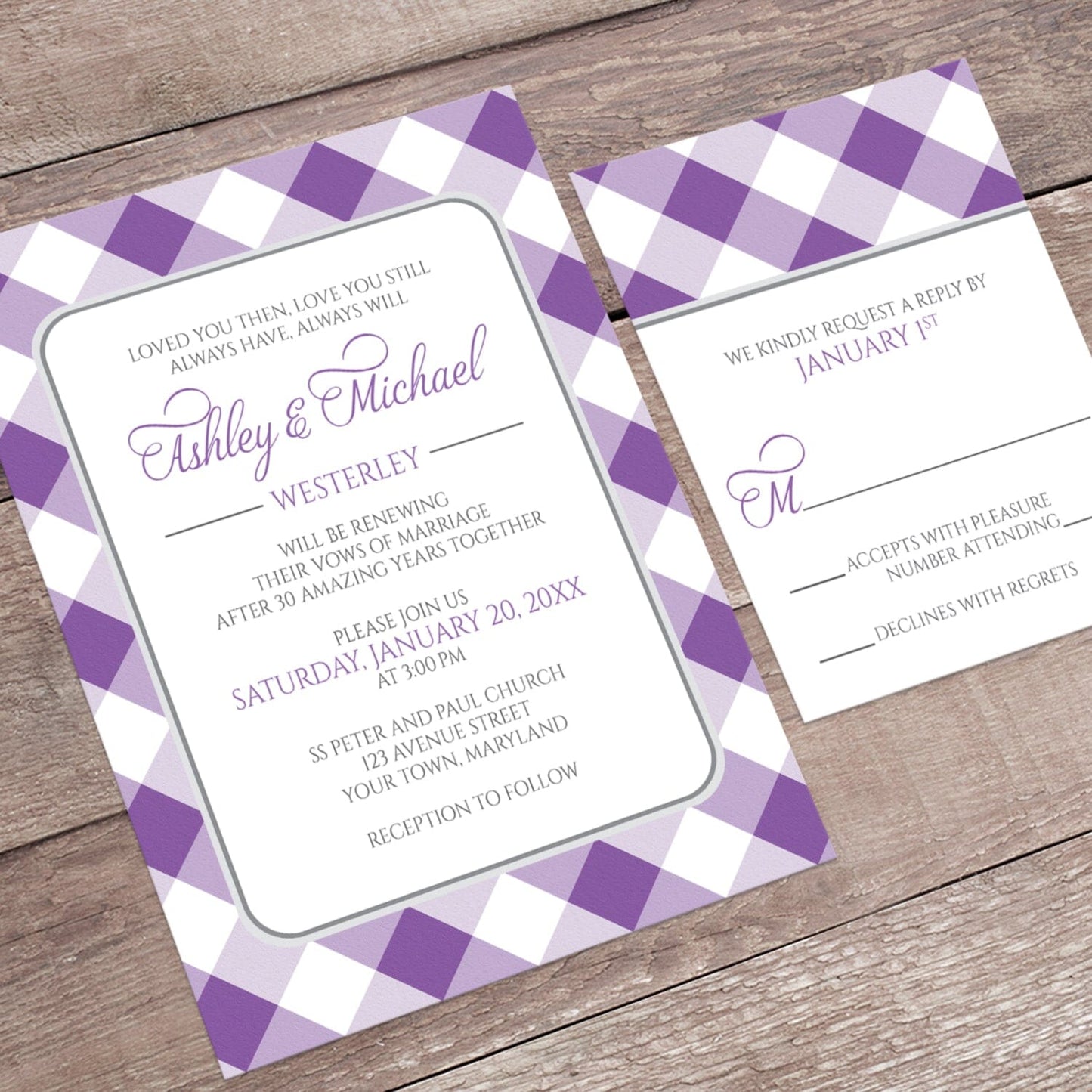 Purple Gingham Vow Renewal Invitation shown at an angle on a brown wood surface with the matching RSVP card.