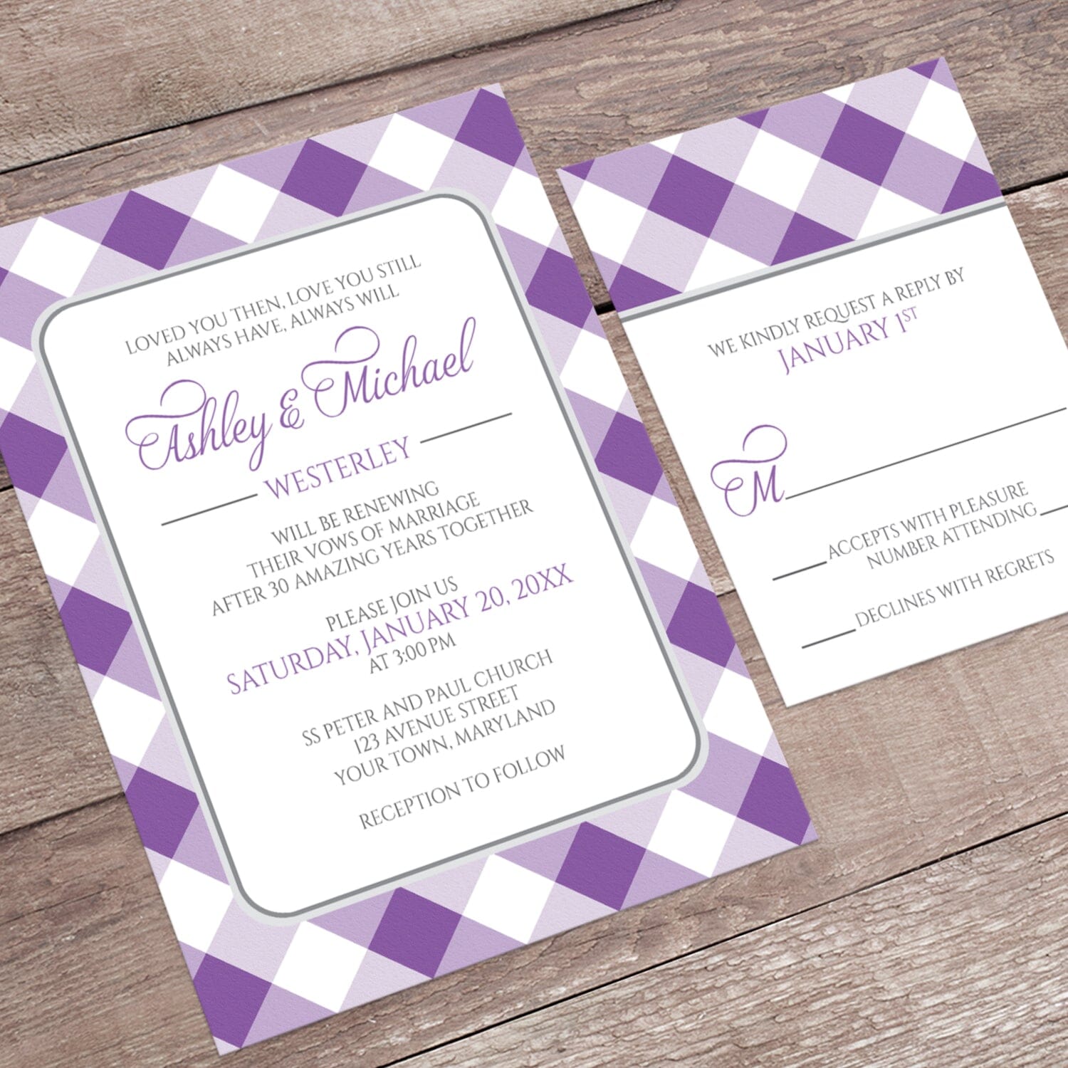 Purple Gingham Vow Renewal Invitation shown at an angle on a brown wood surface with the matching RSVP card.