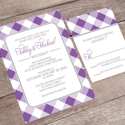 Purple Gingham Vow Renewal Invitation shown at an angle on a brown wood surface with the matching RSVP card.