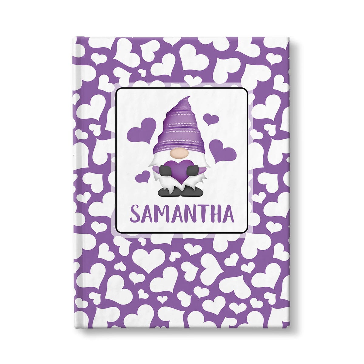Personalized Purple Hearts Gnome Journal at Artistically Invited. A custom book designed with an adorable gnome holding a purple heart with 4 hearts floating around him in a white rectangular design on the front of the book, with your name personalized in purple in a cute all capital letters font below the gnome. The background design that wraps around the cover of the book features a purple background color filled with cute multi-directional white hearts of different sizes.