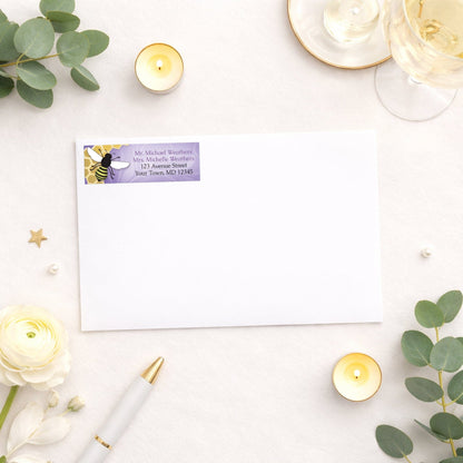 Purple Honeycomb Bee Address Label shown on a white envelope with bridal shower supplies