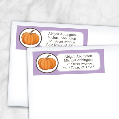 2 Purple Pumpkin Address Labels shown on white envelopes on a marble surface