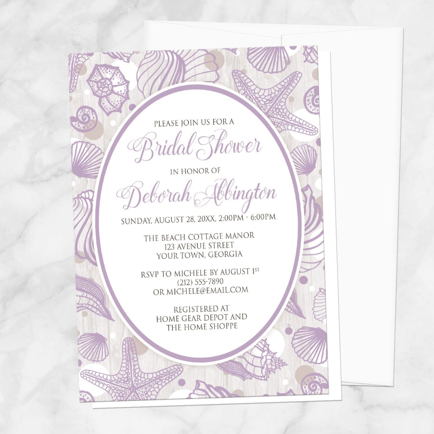 Purple Seashell Whitewashed Wood Beach Bridal Shower Invitation shown on a marble surface with a white envelope.