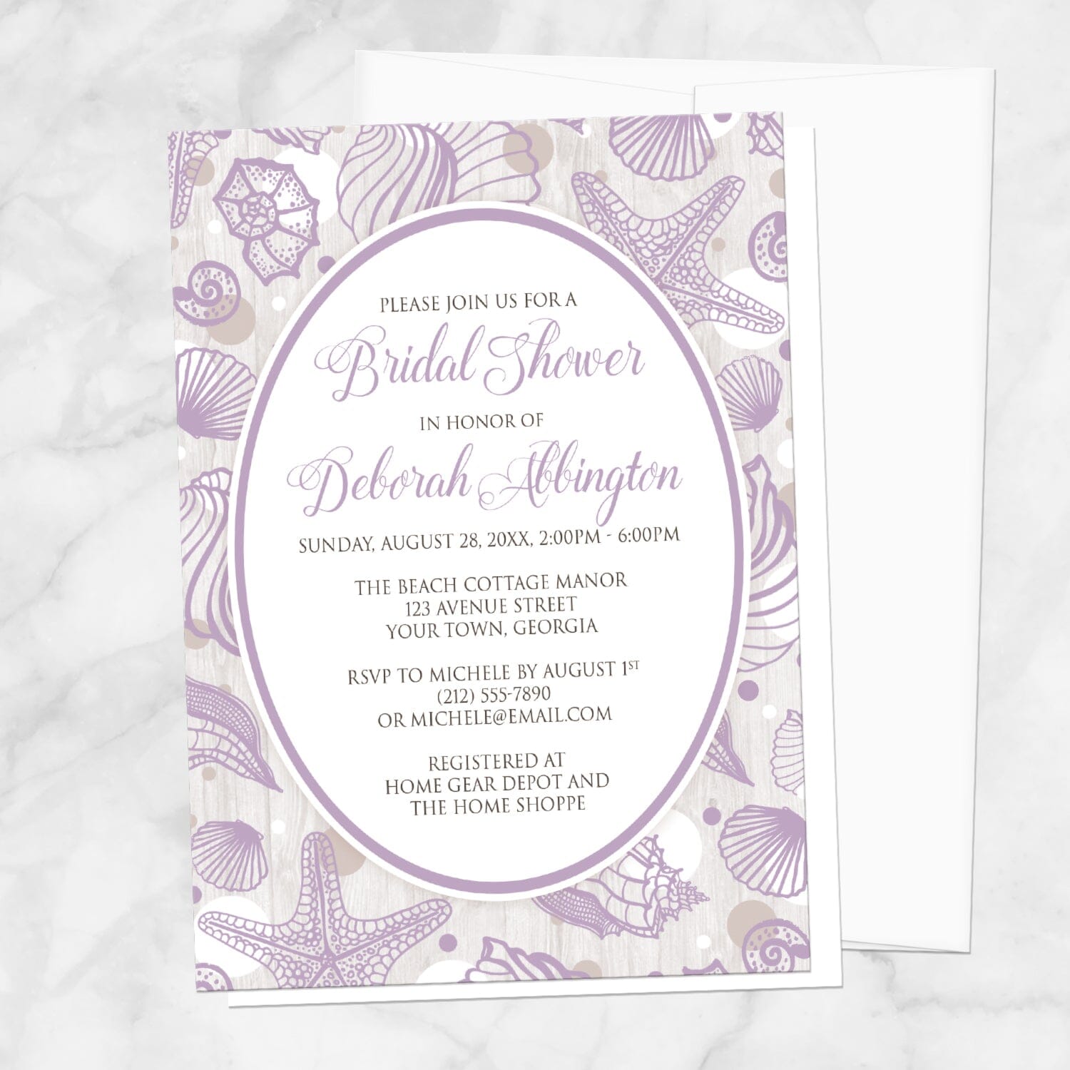 Purple Seashell Whitewashed Wood Beach Bridal Shower Invitation shown on a marble surface with a white envelope.