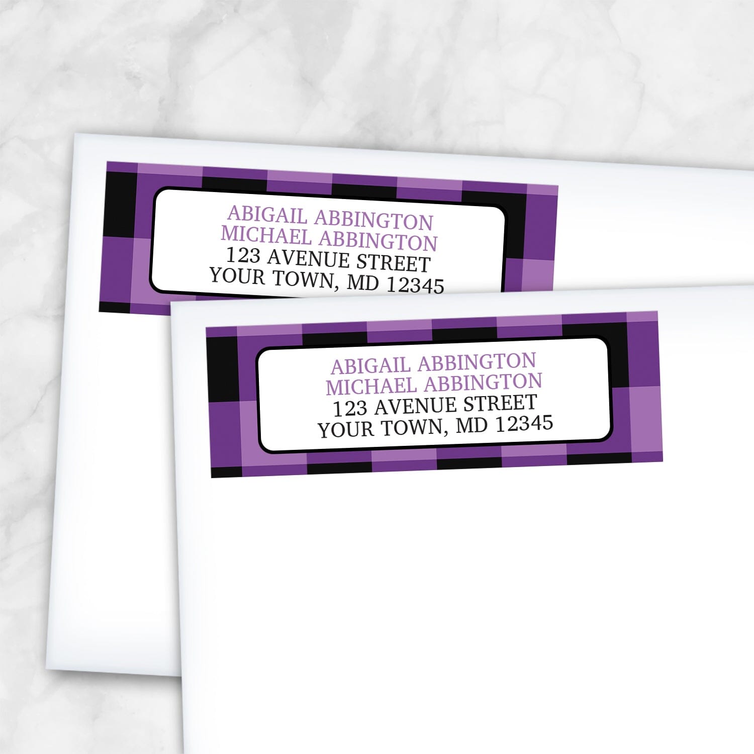 2 Purple and Black Buffalo Plaid Address Labels shown on white envelopes on a marble surface
