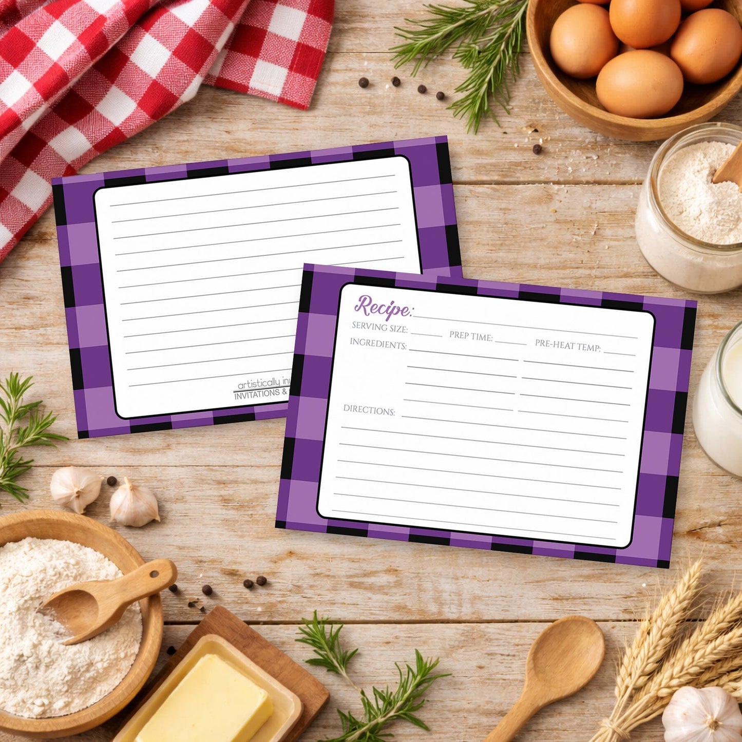 Two Purple and Black Buffalo Plaid Recipe Cards with purple checkered borders on a rustic wooden surface with country cooking ingredients.