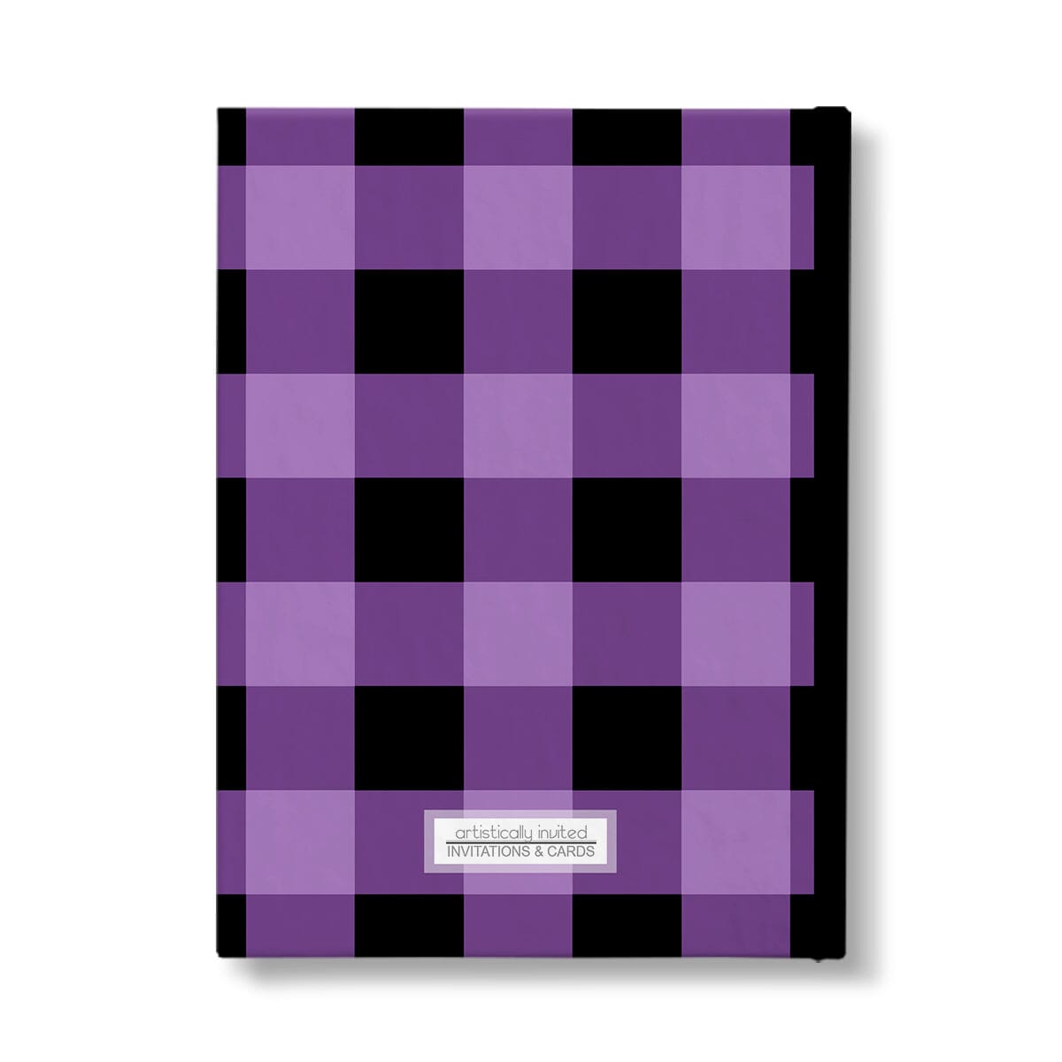 Personalized Purple and Black Buffalo Plaid Journal at Artistically Invited. Back side of the book. 