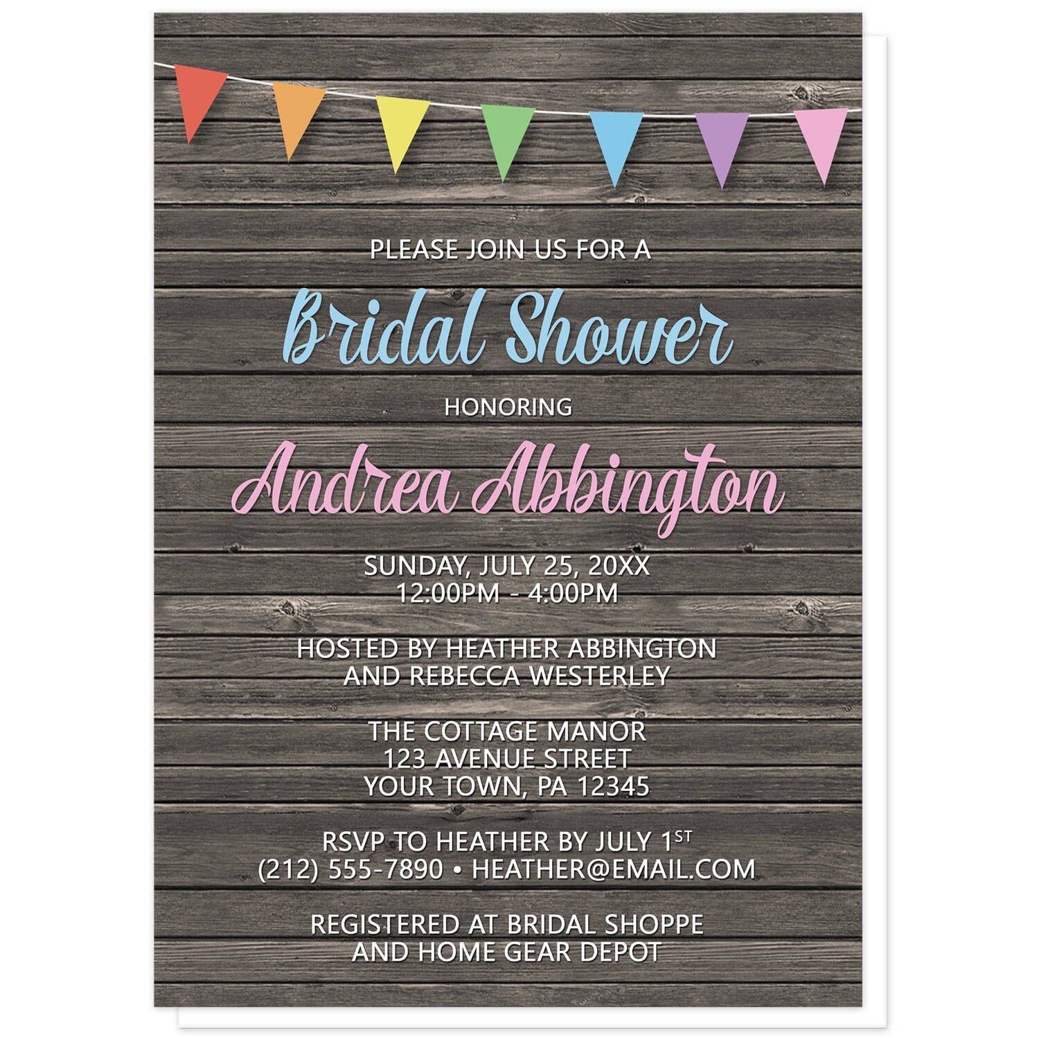 Rainbow Bunting Flags Rustic Wood Bridal Shower Invitations at Artistically Invited. Rainbow bunting flags rustic wood bridal shower invitations with a tilted pennant style rainbow bunting flags design, with the triangle flags in a rainbow progression, along the top over a dark brown country wood background. Your personalized bridal shower celebration details are custom printed in blue, pink, and white over the wood design.