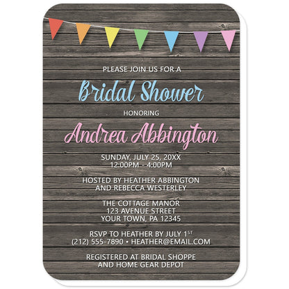 Rainbow Bunting Flags Rustic Wood Bridal Shower Invitations (with rounded corners) at Artistically Invited. Rainbow bunting flags rustic wood bridal shower invitations with a tilted pennant style rainbow bunting flags design, with the triangle flags in a rainbow progression, along the top over a dark brown country wood background. Your personalized bridal shower celebration details are custom printed in blue, pink, and white over the wood design.