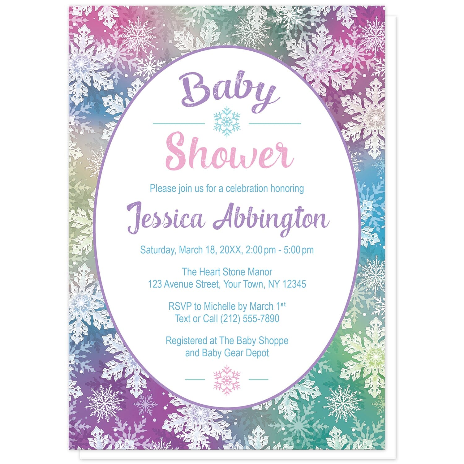 Rainbow Snowflake Baby Shower Invitations at Artistically Invited. Pretty rainbow snowflake baby shower invitations designed with your personalized baby shower details custom printed in colorful text in a white oval frame design over a beautiful and ornate rainbow snowflake pattern with white snowflakes over a multicolored background.
