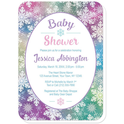 Rainbow Snowflake Baby Shower Invitations (with rounded corners) at Artistically Invited. Pretty rainbow snowflake baby shower invitations designed with your personalized baby shower details custom printed in colorful text in a white oval frame design over a beautiful and ornate rainbow snowflake pattern with white snowflakes over a multicolored background.