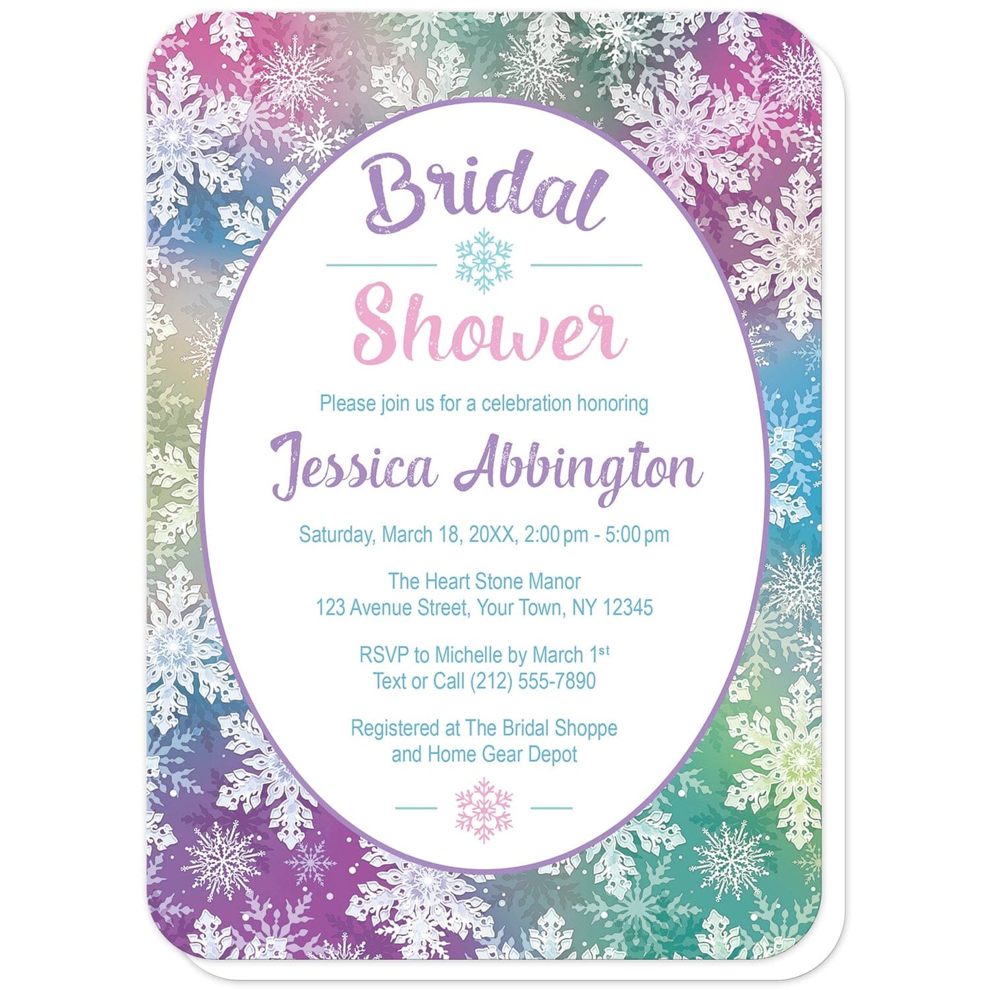 Rainbow Snowflake Bridal Shower Invitations (with rounded corners) at Artistically Invited. Rainbow snowflake bridal shower invitations designed with your personalized bridal shower details custom printed in colorful text in a white oval frame design over a beautiful and ornate rainbow snowflake pattern with white snowflakes over a multicolored background.