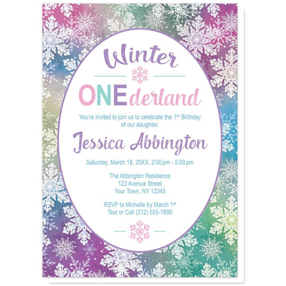 Rainbow Snowflake 1st Birthday Winter Onederland Invitations at Artistically Invited. Pretty rainbow snowflake 1st birthday Winter Onederland invitations with your personalized 1st birthday party details custom printed in colorful text in a white oval frame design over a beautiful and ornate rainbow snowflake pattern illustrated with white snowflakes over a multicolored background.