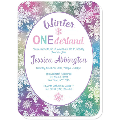 Rainbow Snowflake 1st Birthday Winter Onederland Invitations (with rounded corners) at Artistically Invited. Pretty rainbow snowflake 1st birthday Winter Onederland invitations with your personalized 1st birthday party details custom printed in colorful text in a white oval frame design over a beautiful and ornate rainbow snowflake pattern illustrated with white snowflakes over a multicolored background.