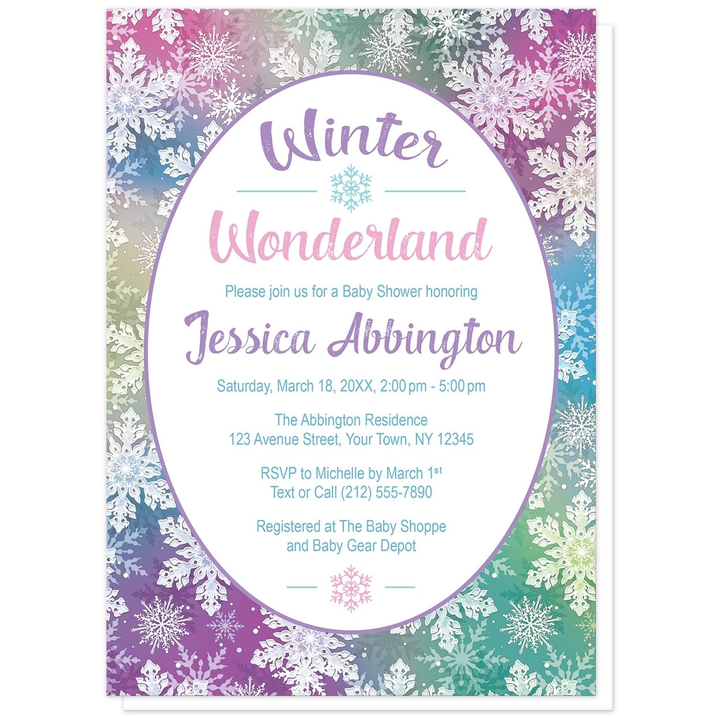 Rainbow Snowflake Winter Wonderland Baby Shower Invitations at Artistically Invited. Rainbow snowflake Winter Wonderland baby shower invitations designed with your personalized baby shower details custom printed in colorful text in a white oval frame design over a beautiful and ornate rainbow snowflake pattern with white snowflakes over a multicolored background.