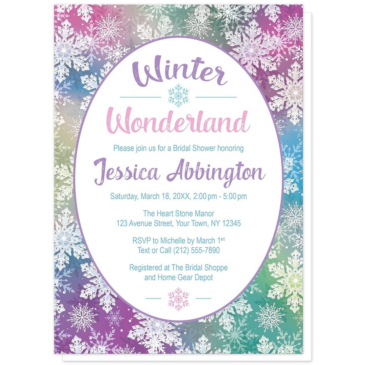 Rainbow Snowflake Winter Wonderland Bridal Shower Invitations at Artistically Invited. Beautifully ornate rainbow snowflake Winter Wonderland bridal shower invitations designed with your personalized bridal shower details custom printed in colorful text in a white oval frame design over a beautiful and ornate rainbow snowflake pattern with white snowflakes over a multicolored background.