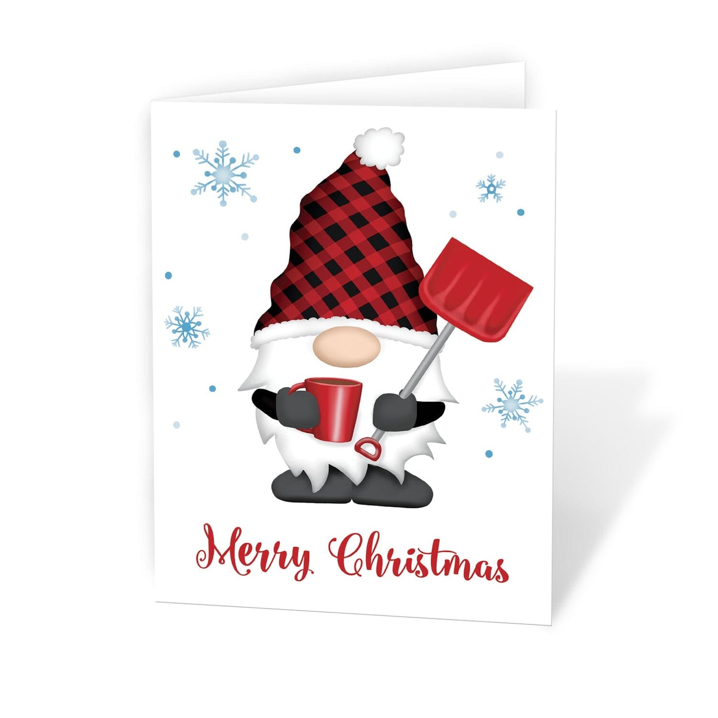 Red Buffalo Plaid Gnome Christmas Cards at Artistically Invited. These cards are designed with an illustration of a winter gnome wearing a black and red buffalo plaid hat, holding a red snow shovel and a hot beverage, and blue snowflakes around it. The front says 'Merry Christmas" in a fun red script font below the adorable gnome.