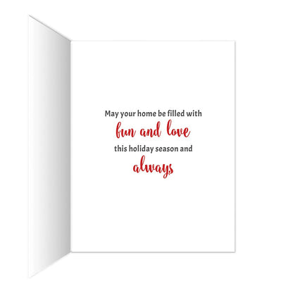 Inside text of the Red Buffalo Plaid Gnome Christmas Cards at Artistically Invited. Inside Message: "May your home be filled with fun and love this holiday season and always."