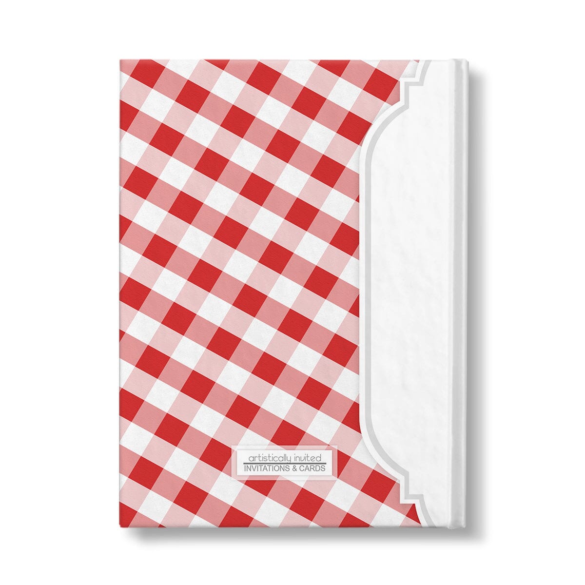 Personalized Red Gingham Journal at Artistically Invited. Back side of the book.