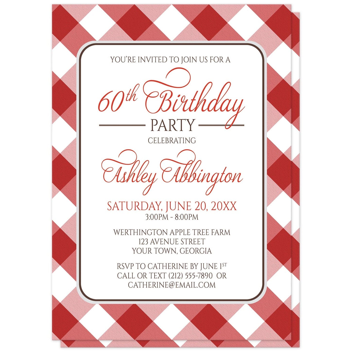 Red Gingham Birthday Party Invitations at Artistically Invited. Red gingham birthday party invitations with your personalized party details custom printed in red and brown inside a white rectangular area outlined in brown and light gray. The background design is a diagonal red and white gingham pattern which is printed on the front and the back of the invitations. 