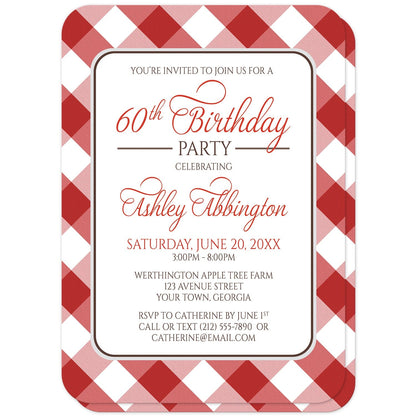 Red Gingham Birthday Party Invitations (with rounded corners) at Artistically Invited. Red gingham birthday party invitations with your personalized party details custom printed in red and brown inside a white rectangular area outlined in brown and light gray. The background design is a diagonal red and white gingham pattern which is printed on the front and the back of the invitations. 