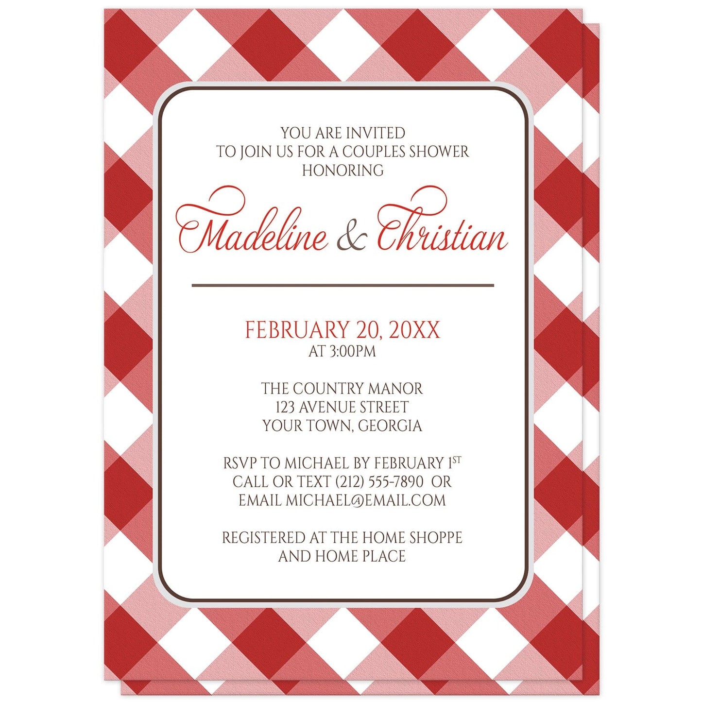 Red Gingham Couples Shower Invitations at Artistically Invited. Red gingham couples shower invitations with your personalized couples shower celebration details custom printed in red and brown on white in the center, over a diagonal red gingham check pattern background. The red and white gingham pattern is also printed on the back side.