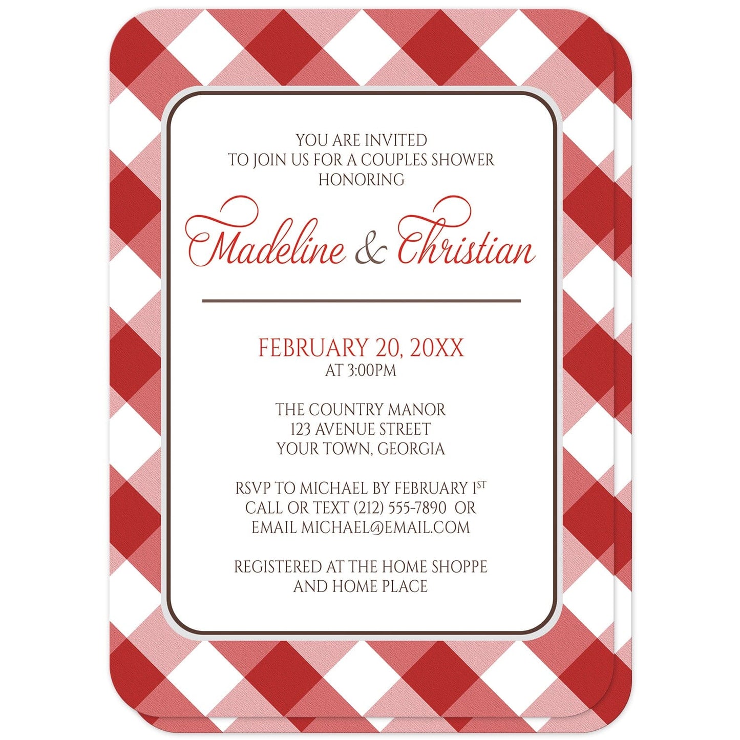 Red Gingham Couples Shower Invitations (with rounded corners) at Artistically Invited. Red gingham couples shower invitations with your personalized couples shower celebration details custom printed in red and brown on white in the center, over a diagonal red gingham check pattern background. The red and white gingham pattern is also printed on the back side.