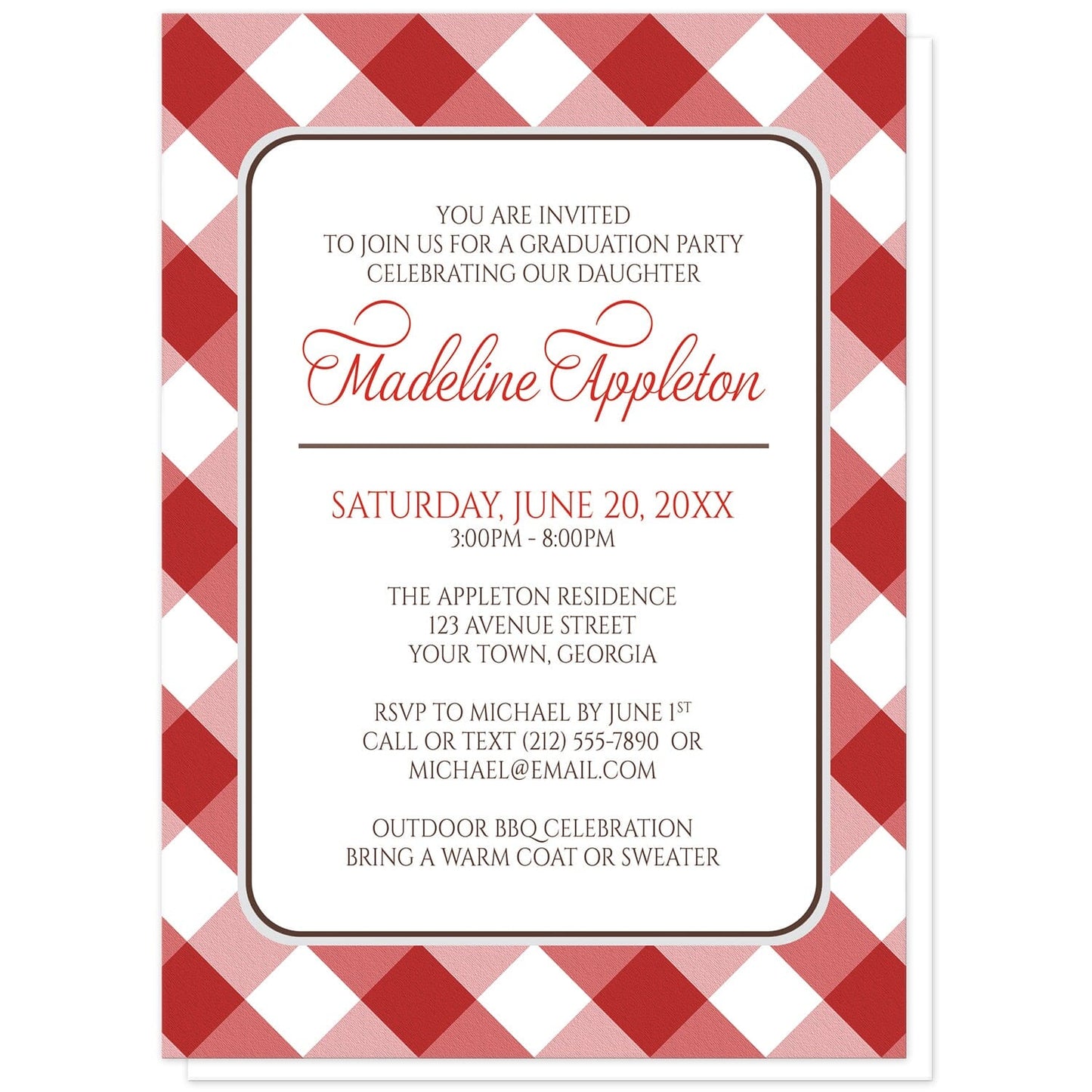 Red Gingham Graduation Invitations at Artistically Invited. Red gingham graduation invitations with your personalized party details custom printed in red and brown inside a white rectangular area outlined in brown and light gray. The background design of these red gingham graduation invitations is a diagonal red and white gingham pattern. 