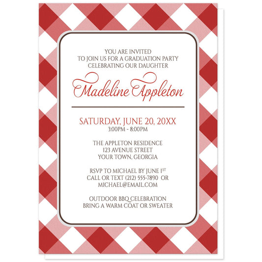 Red Gingham Graduation Invitations at Artistically Invited. Red gingham graduation invitations with your personalized party details custom printed in red and brown inside a white rectangular area outlined in brown and light gray. The background design of these red gingham graduation invitations is a diagonal red and white gingham pattern. 
