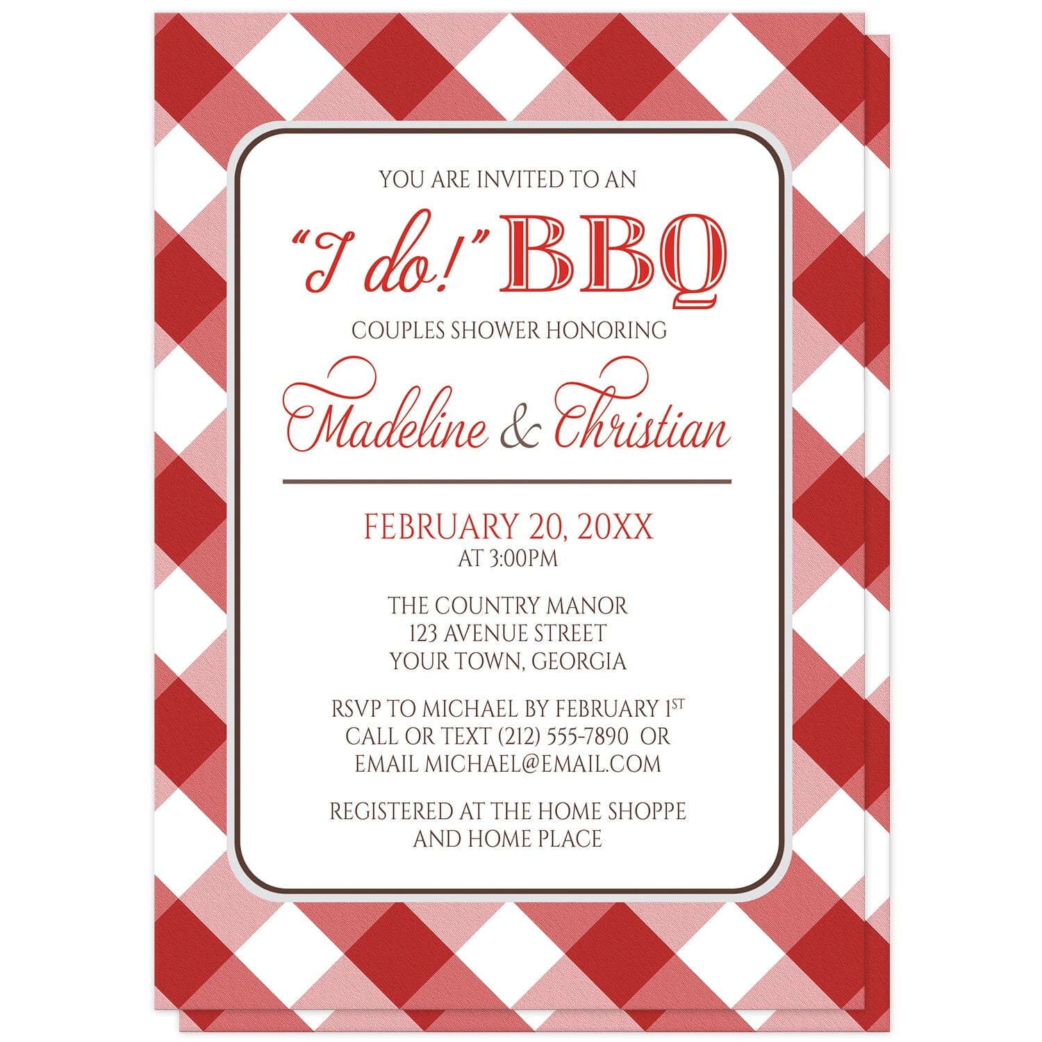 Red Gingham I Do BBQ Couples Shower Invitations at Artistically Invited. Red gingham I Do BBQ couples shower invitations with your celebration details in red and brown, in a white rounded corners frame, over a diagonal red and white gingham pattern background. The red and white gingham pattern, which is also printed on the back side, gives these I Do BBQ couples shower invitations a rustic or southern feel, while the text is printed in modern fonts.