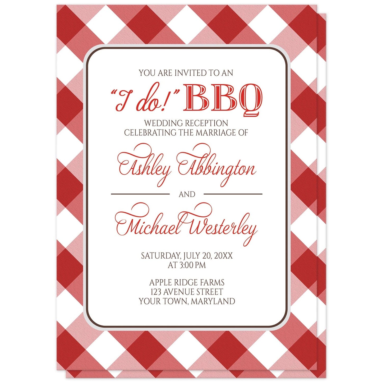 Red Gingham I Do BBQ Reception Only Invitations at Artistically Invited. Red gingham I Do BBQ reception only invitations with your personalized post-wedding reception details custom printed in red and brown inside a white rectangular area outlined in brown and light gray. The background design is a diagonal red and white gingham pattern which is also printed on the back side. 