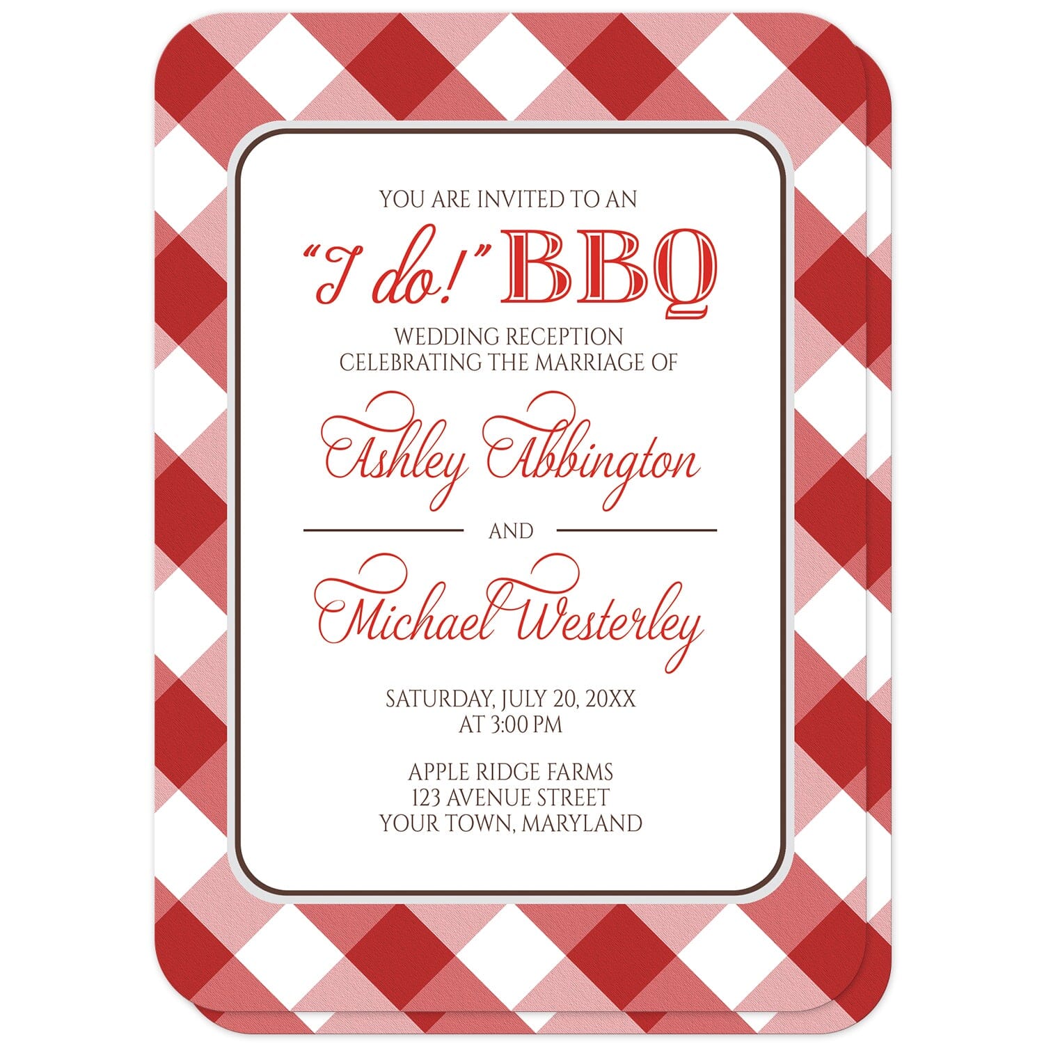 Red Gingham I Do BBQ Reception Only Invitations (with rounded corners) at Artistically Invited. Red gingham I Do BBQ reception only invitations with your personalized post-wedding reception details custom printed in red and brown inside a white rectangular area outlined in brown and light gray. The background design is a diagonal red and white gingham pattern which is also printed on the back side. 