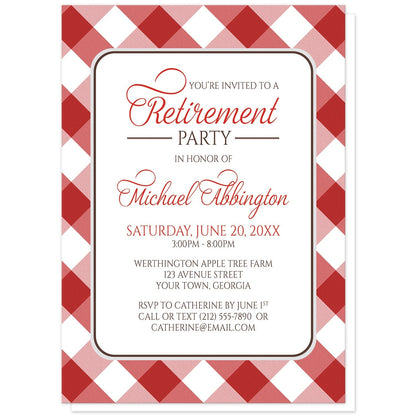 Red Gingham Retirement Invitations at Artistically Invited. Red gingham retirement invitations with your personalized party details custom printed in red and brown inside a white rectangular area outlined in brown and light gray. The background design of these red gingham retirement invitations is a diagonal red and white gingham pattern. 