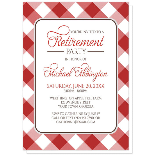Red Gingham Retirement Invitations at Artistically Invited. Red gingham retirement invitations with your personalized party details custom printed in red and brown inside a white rectangular area outlined in brown and light gray. The background design of these red gingham retirement invitations is a diagonal red and white gingham pattern. 