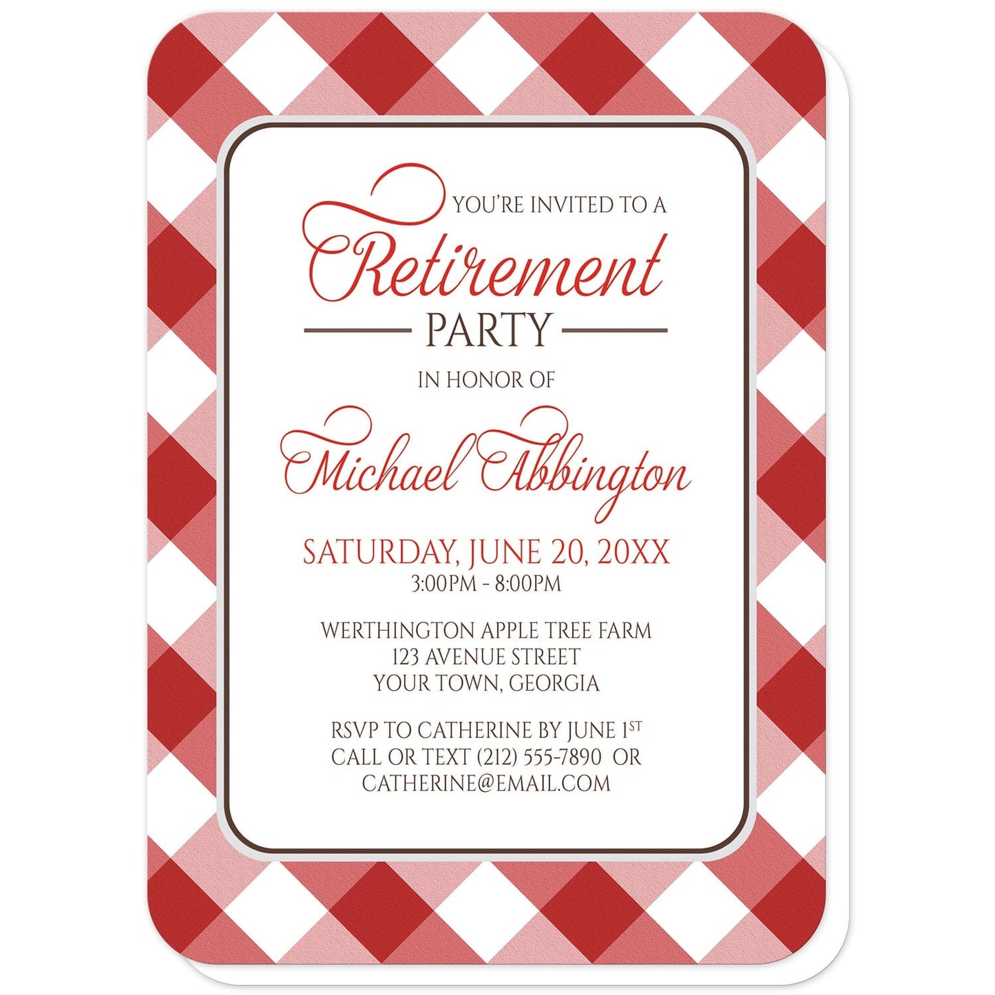 Red Gingham Retirement Invitations (with rounded corners) at Artistically Invited. Red gingham retirement invitations with your personalized party details custom printed in red and brown inside a white rectangular area outlined in brown and light gray. The background design of these red gingham retirement invitations is a diagonal red and white gingham pattern. 
