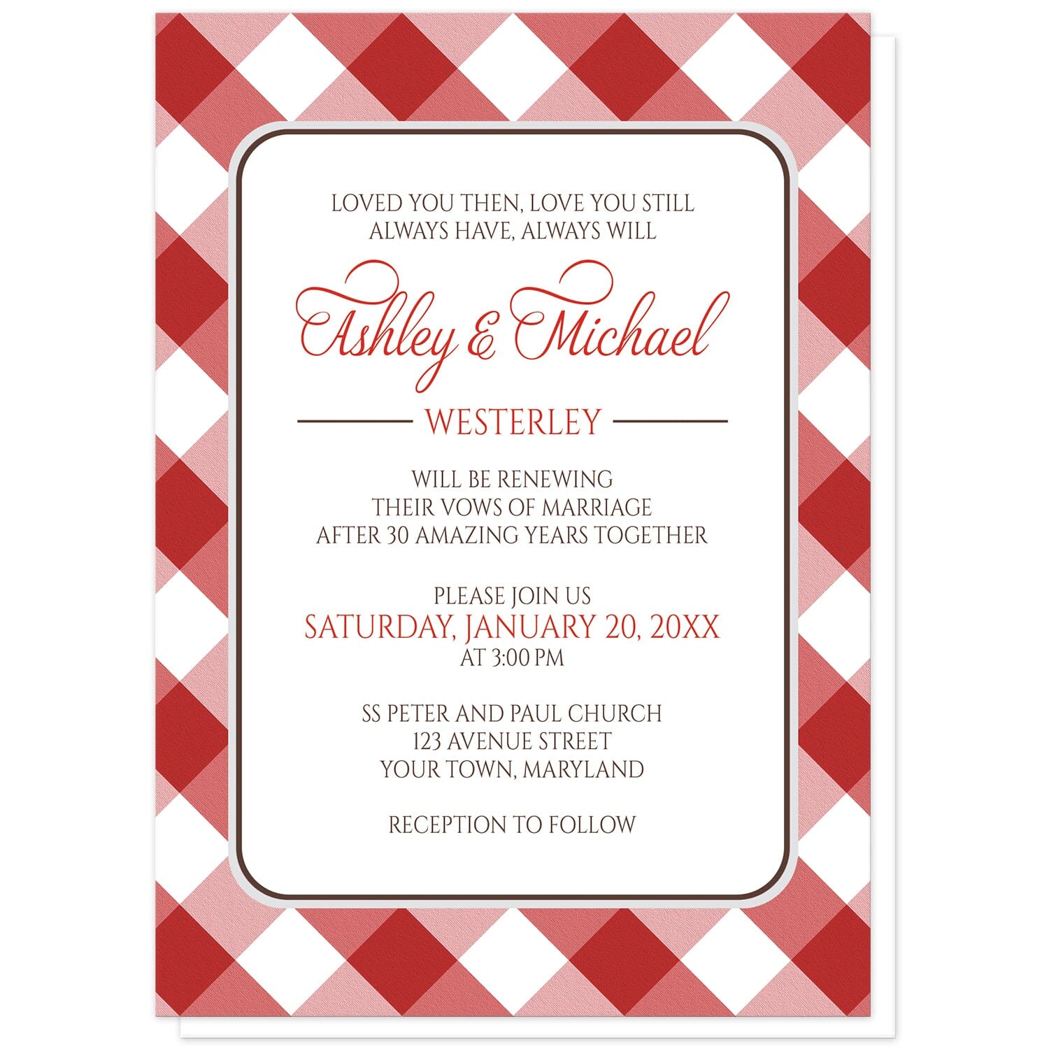 Red Gingham Vow Renewal Invitations at Artistically Invited. Red gingham vow renewal invitations with your personalized ceremony details custom printed in red and brown inside a white rectangular area outlined in brown and light gray. The background design is a diagonal red and white gingham pattern. 