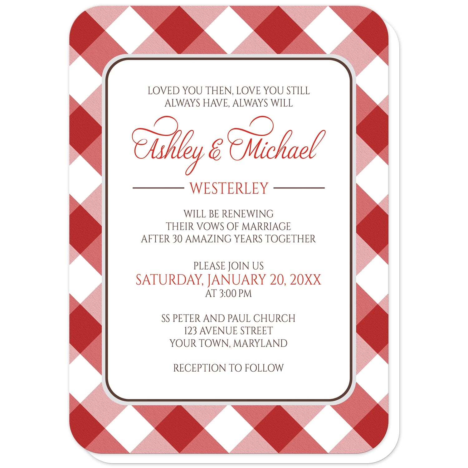 Red Gingham Vow Renewal Invitations (with rounded corners) at Artistically Invited. Red gingham vow renewal invitations with your personalized ceremony details custom printed in red and brown inside a white rectangular area outlined in brown and light gray. The background design is a diagonal red and white gingham pattern. 
