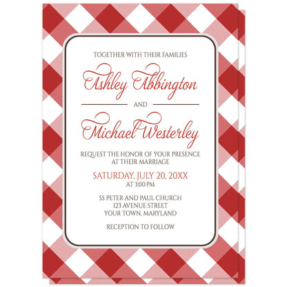 Red Gingham Wedding Invitations at Artistically Invited. Red gingham wedding invitations with your personalized wedding ceremony details custom printed in red and brown inside a white rectangular area outlined in brown and light gray. The background design is a diagonal red and white gingham check pattern which is also printed on the back side. 