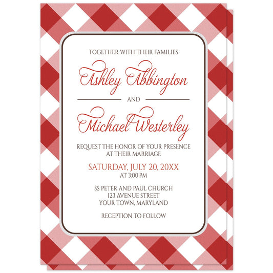 Red Gingham Wedding Invitations at Artistically Invited. Red gingham wedding invitations with your personalized wedding ceremony details custom printed in red and brown inside a white rectangular area outlined in brown and light gray. The background design is a diagonal red and white gingham check pattern which is also printed on the back side. 