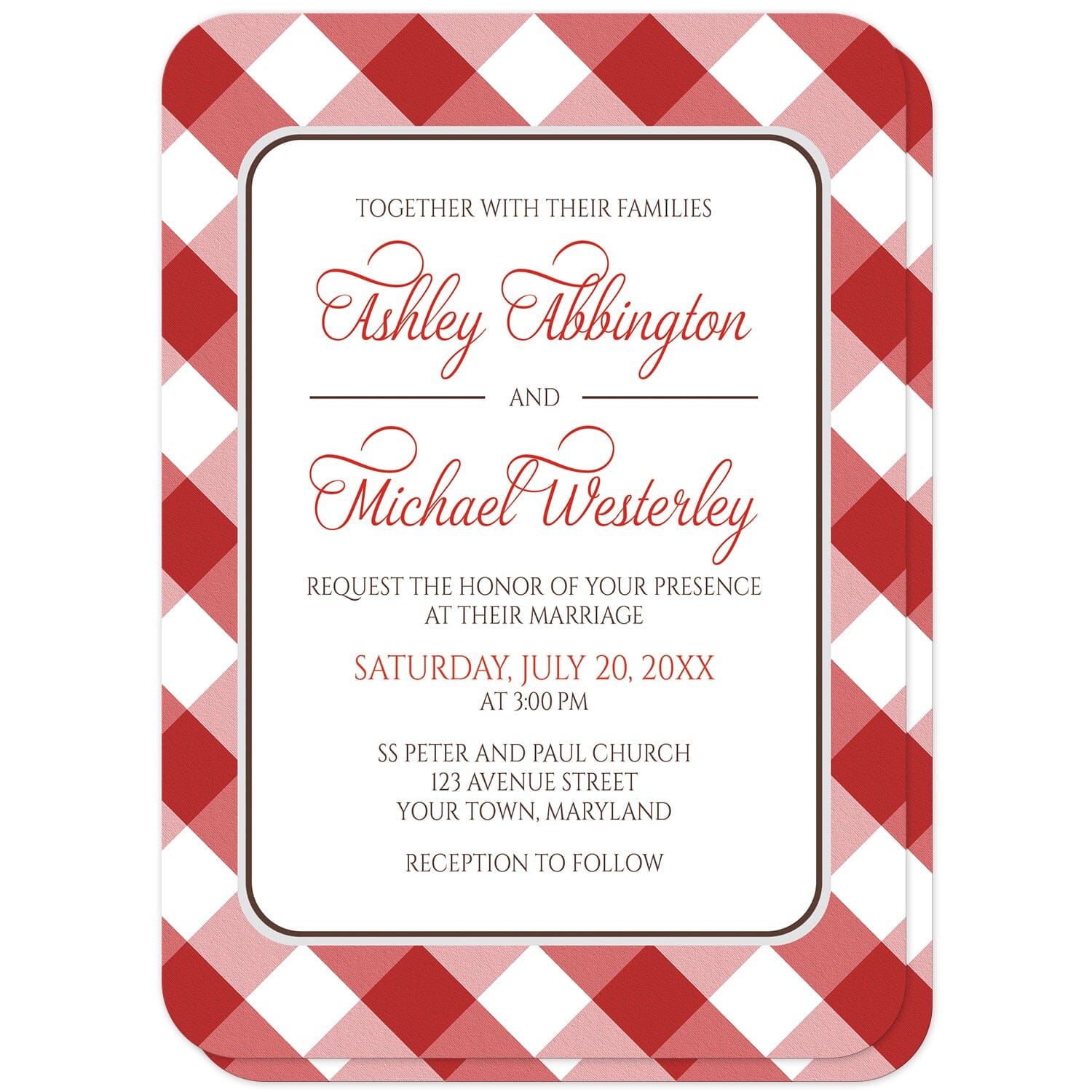 Red Gingham Wedding Invitations (with rounded corners) at Artistically Invited. Red gingham wedding invitations with your personalized wedding ceremony details custom printed in red and brown inside a white rectangular area outlined in brown and light gray. The background design is a diagonal red and white gingham check pattern which is also printed on the back side. 