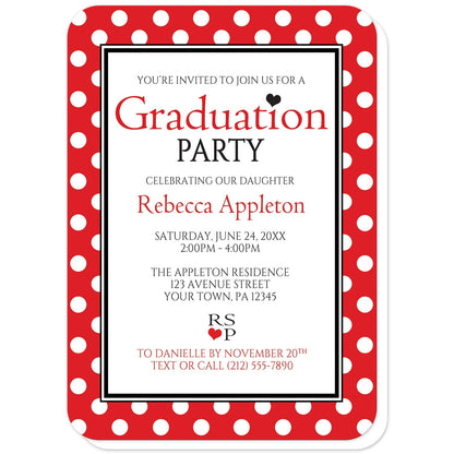 Red Polka Dot Black and White Graduation Invitations (with rounded corners) at Artistically Invited. Stylish red polka dot black and white graduation invitations with your personalized party details custom printed in red and black with hearts as accents, inside a white rectangle outlined in black and white. The background design of these invitations has a white polka dots pattern over a bold red color.