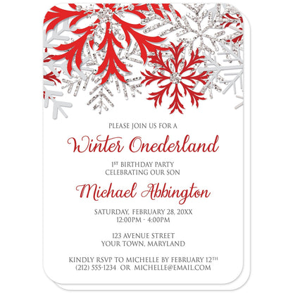 Red Silver Snowflake 1st Birthday Winter Onederland Invitations (with rounded corners) at Artistically Invited. Pretty red silver snowflake 1st birthday Winter Onederland invitations designed with red, darker red, silver-colored glitter-illustrated, and light gray snowflakes along the top of the invitations. Your personalized 1st birthday party details are custom printed in red and gray on white below the snowflakes.