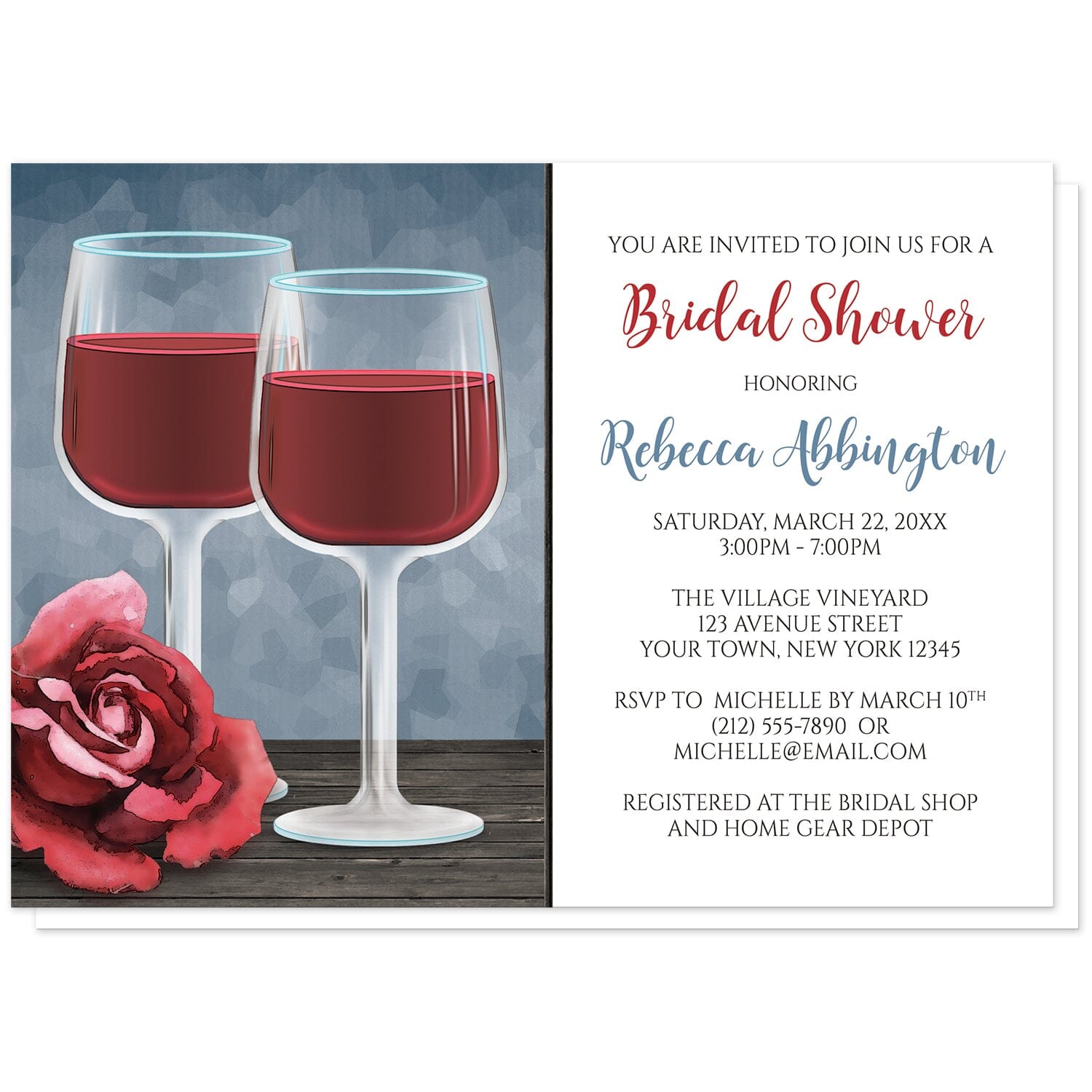 Red Wine Glasses Floral Rose Bridal Shower Invitations at Artistically Invited. Uniquely illustrated red wine glasses floral rose bridal shower invitations with two wine glasses filled with red wine on a wooden table with a red rose over a blue background design. Your personalized bridal shower celebration details are printed in red, blue, and dark brown over a white area to the right of the wine glass illustration.