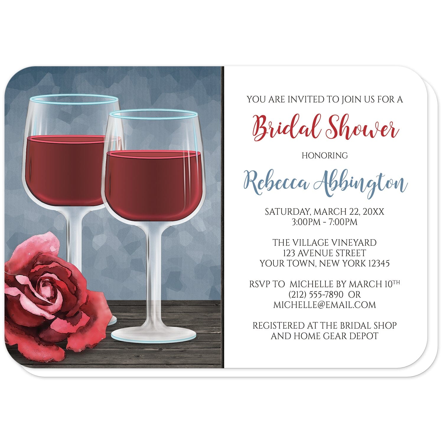 Red Wine Glasses Floral Rose Bridal Shower Invitations (with rounded corners) at Artistically Invited. Uniquely illustrated red wine glasses floral rose bridal shower invitations with two wine glasses filled with red wine on a wooden table with a red rose over a blue background design. Your personalized bridal shower celebration details are printed in red, blue, and dark brown over a white area to the right of the wine glass illustration.
